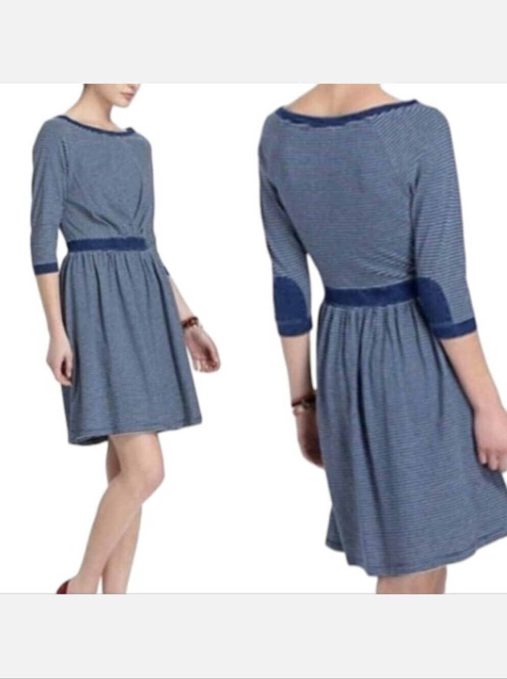 Anthropologie Postmark Patched Elbow Striped Racquet Dress Stretch Blue/White S